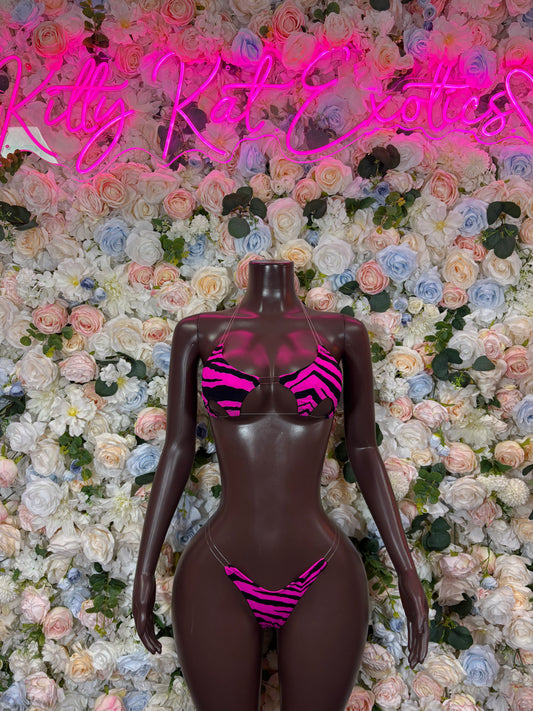 Two-piece bikini with pink zebra print, front view with underwire top