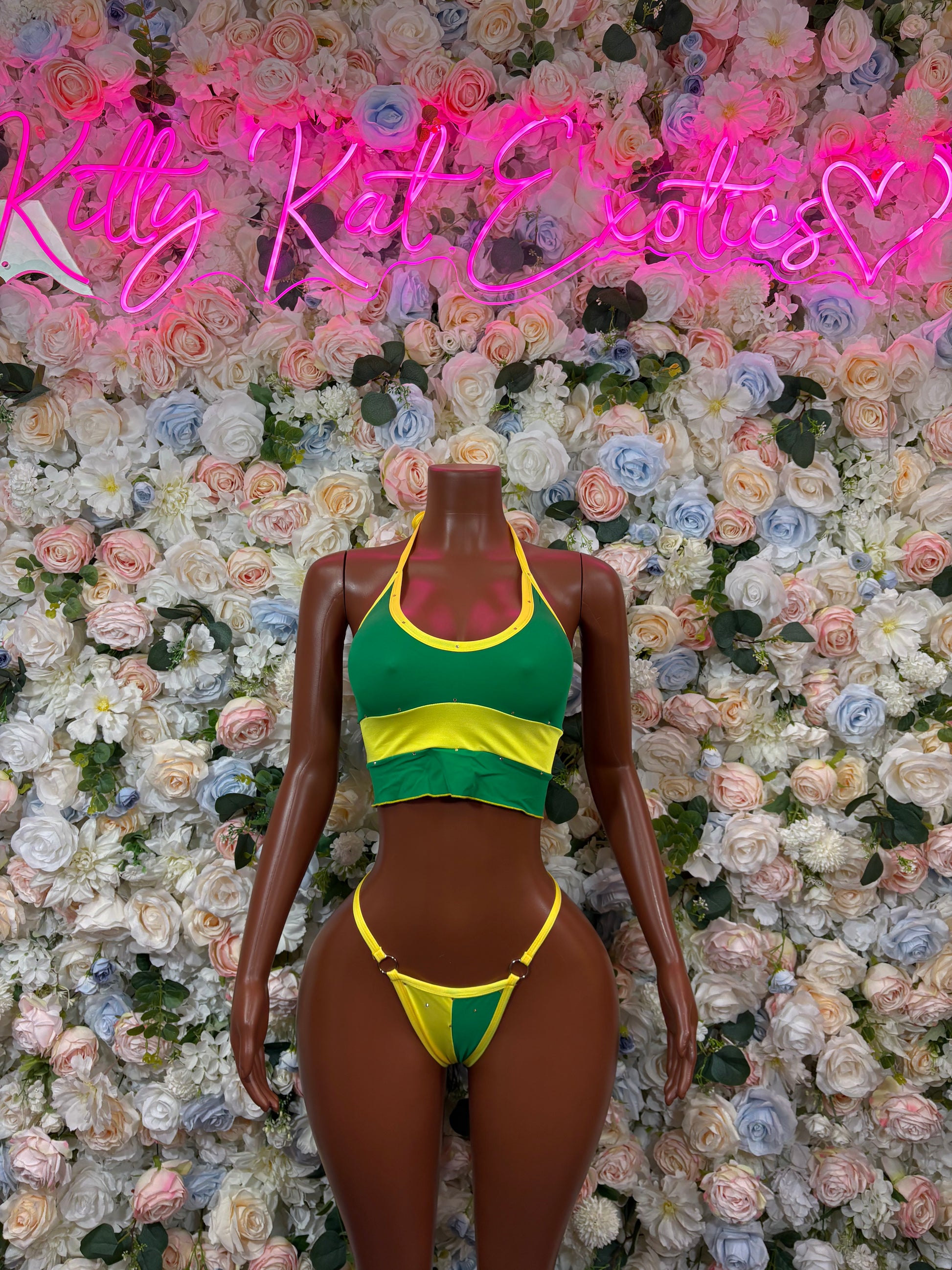 Green and yellow Brazilian-flag two-piece bikini with crop top and matching briefs