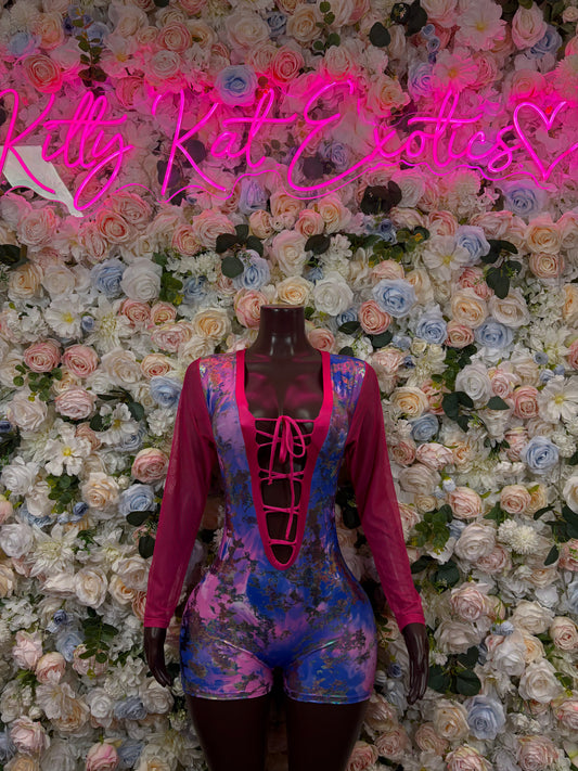 Pink and blue metallic bodysuit with long sleeves, lace-up front, deep neckline