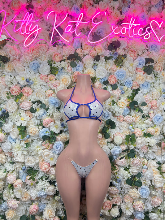 Multicolor heart-print triangle bikini, blue halter straps and high-cut bottoms