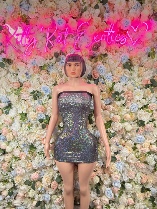 Strapless metallic hologram mini dress, dark sequin fitted bodice, front view