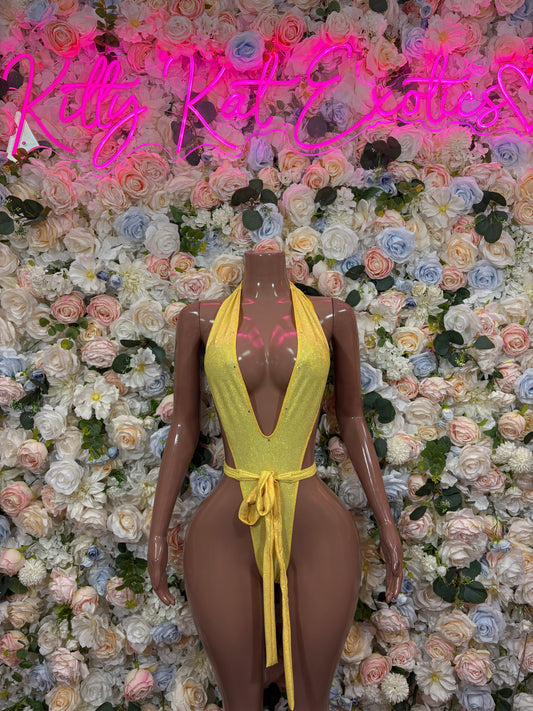 Yellow bodysuit with deep V neckline and long tie, worn on mannequin front view