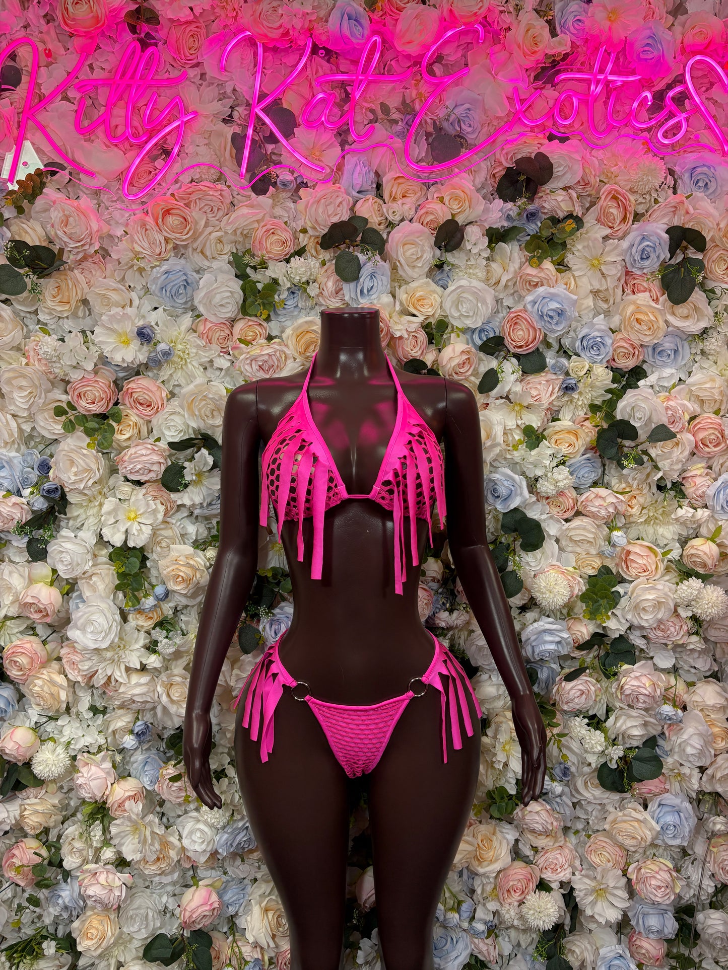 Pink Two Piece Fringe Set Exotic Dancewear Rave Festival Outfit