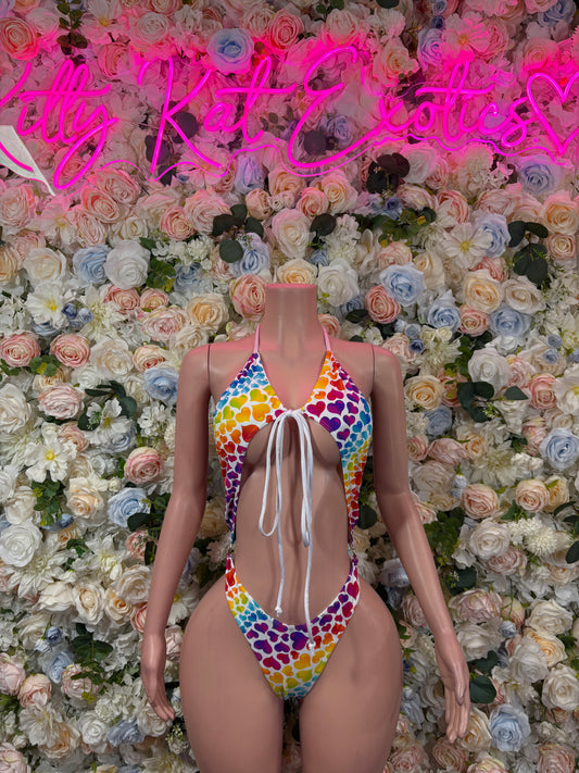 Heart-pattern one-piece swimsuit, open back with tie straps and colorful cups