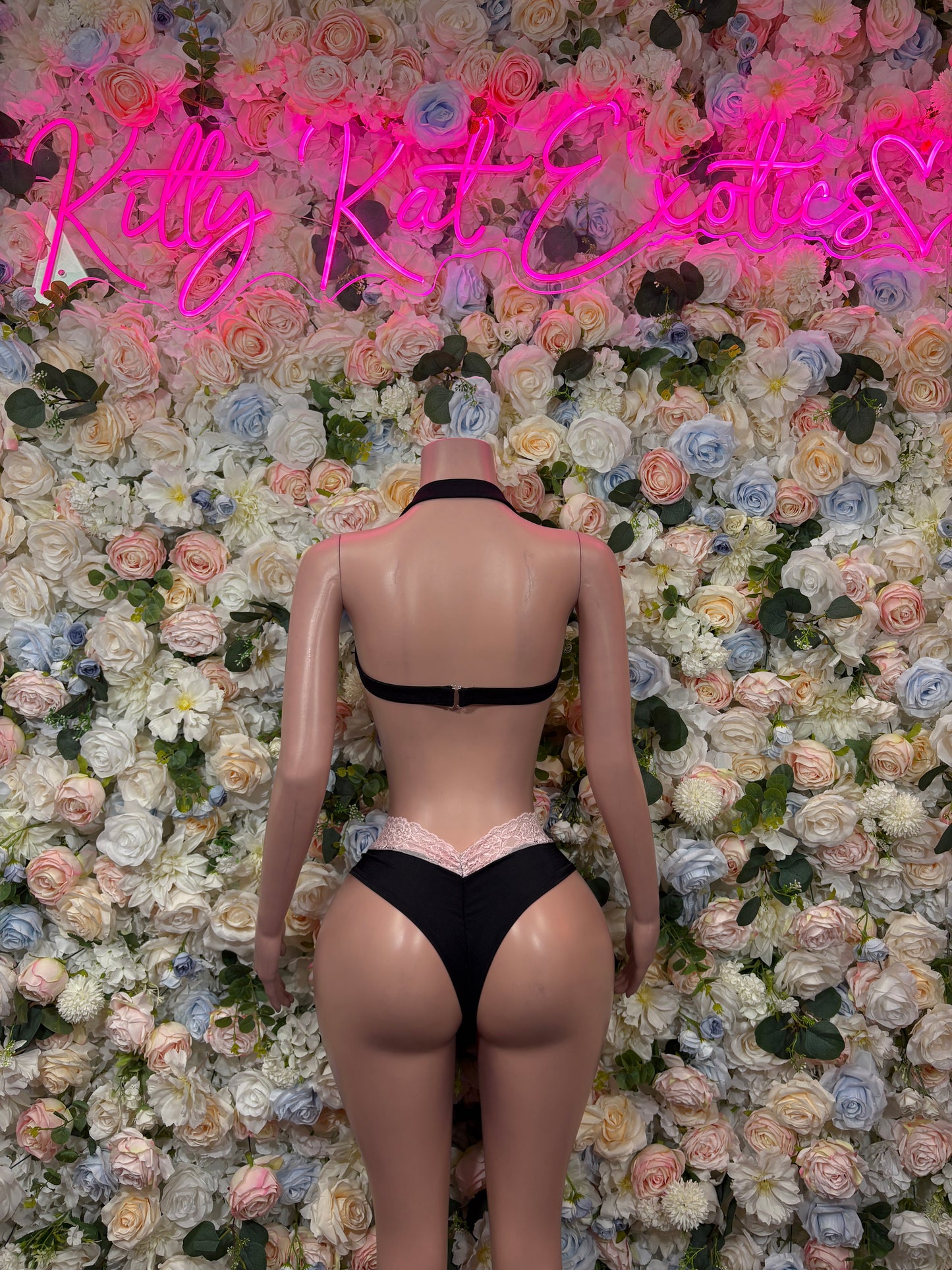 Exotic Dancewear Pink Lace Black Two-Piece Bikini – Summer Festival & Rave Wear