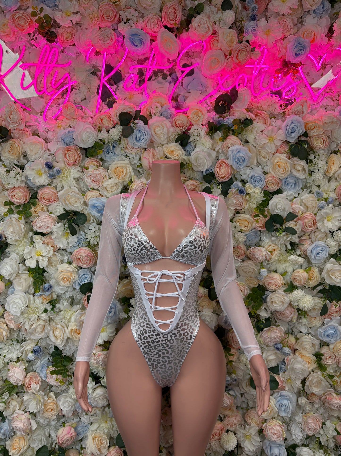 Bottlegirl Outfit Silver Cheetah Bodysuit - One Piece Bartender Outfit, EDM Dancewear, Party Clubwear