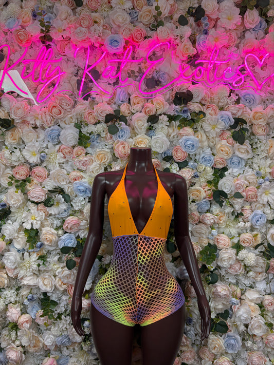 Women’s Fishnet Bodysuit Orange Multicolor One-Piece Bodysuit – Summer Festivals & Rave Wear Dancewear