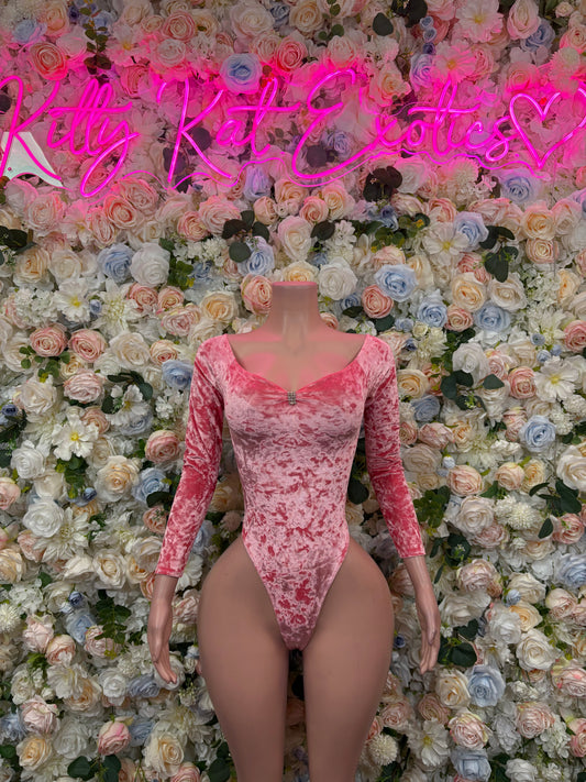 Pink velvet long-sleeve bodysuit with square neckline and high-cut thong bottom
