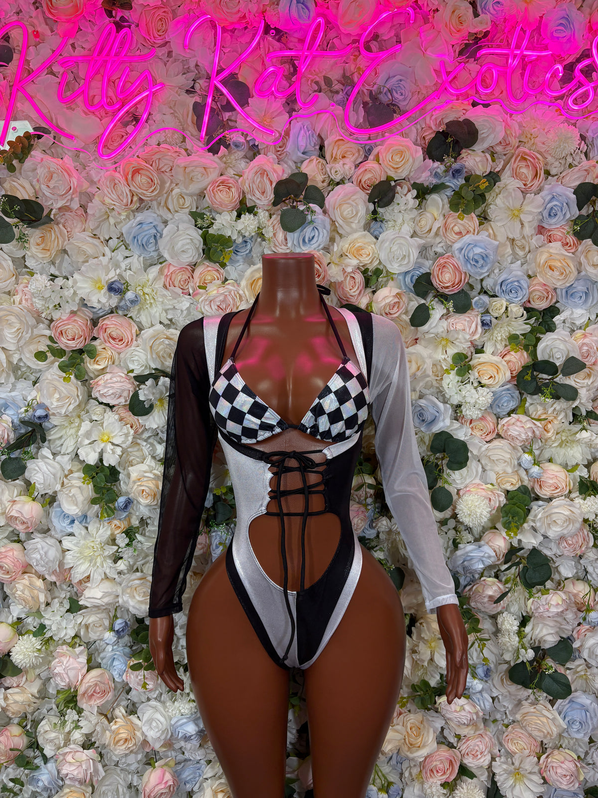 Black Silver Checkered Bodysuit, Goth Rave Romper, Lace-Up Cutout Clubwear