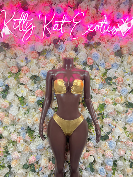 Christmas Gold Metallic Two Piece Women – New Year’s Eve Outfit, Exotic Dancewear, Stage Performance Costume