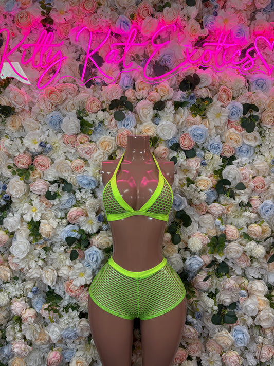 Neon green two-piece dancewear set: strappy mesh bra and high-cut bottoms