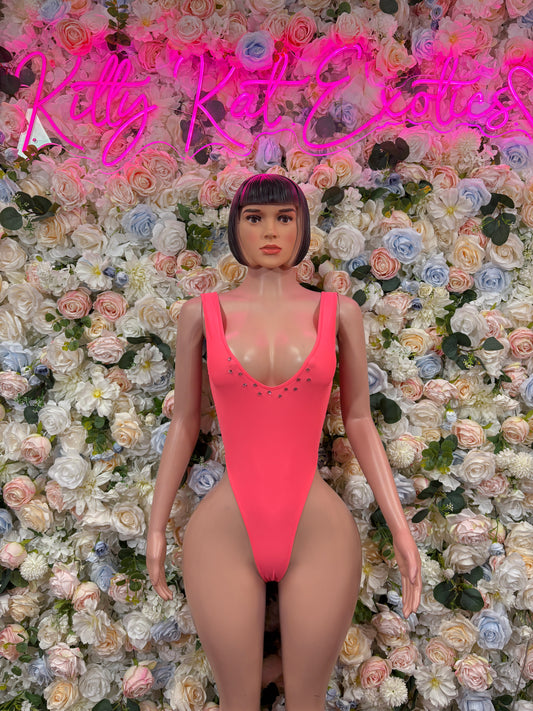 Coral one-piece bodysuit with thin straps and high-cut neckline
