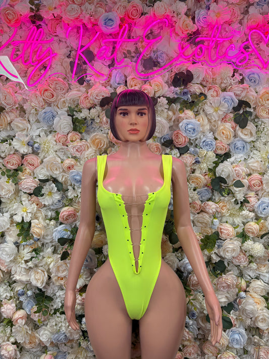 Neon green one-piece bodysuit, high-cut legs, scoop front, strappy straps