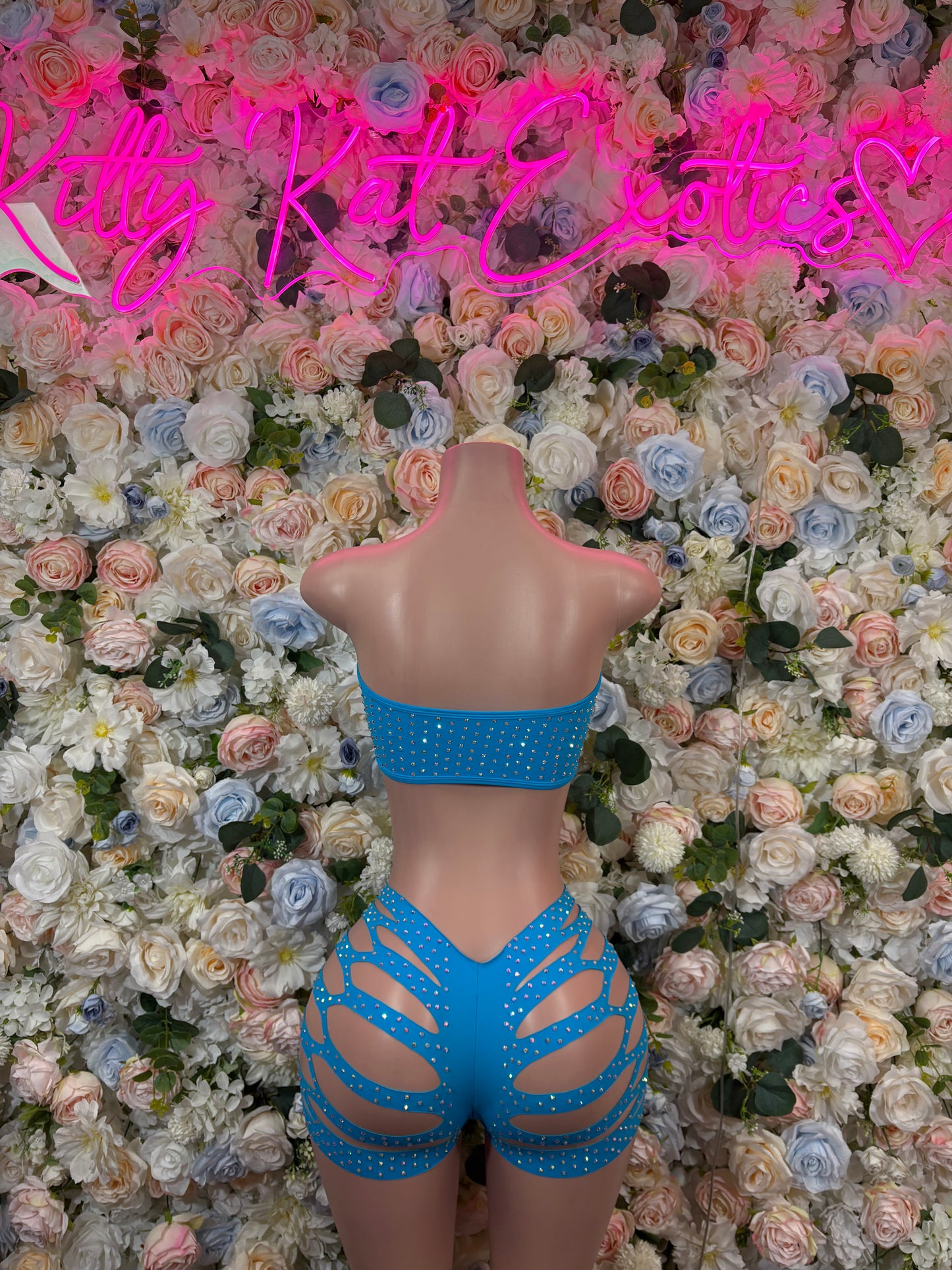 Exotic Dancewear Blue Rhinestone Two Piece set – Rave outfit, rave wear costume, pole dance lingerie, festival bikini