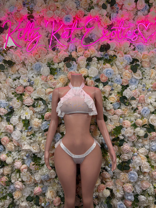 White two-piece rave set with ruffled bandeau top and high-cut bottoms