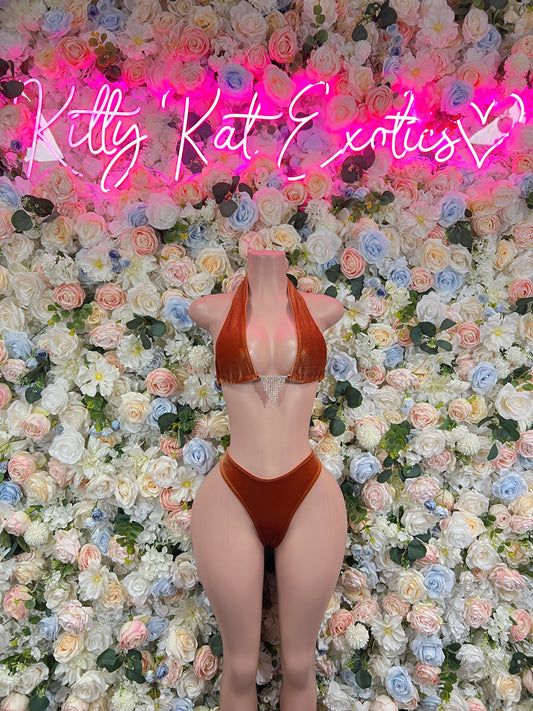 Bottlegirl New Years Orange Metallic Two Piece New Year’s Eve Outfit, Exotic Dancewear, Stage Performance Costume, Sexy Festival Wear