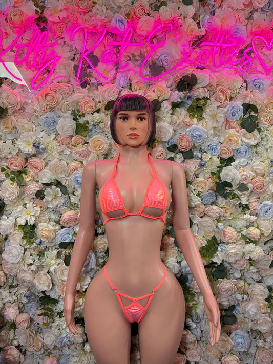 Coral pink neon bikini two-piece with triangle top and string tie bottom