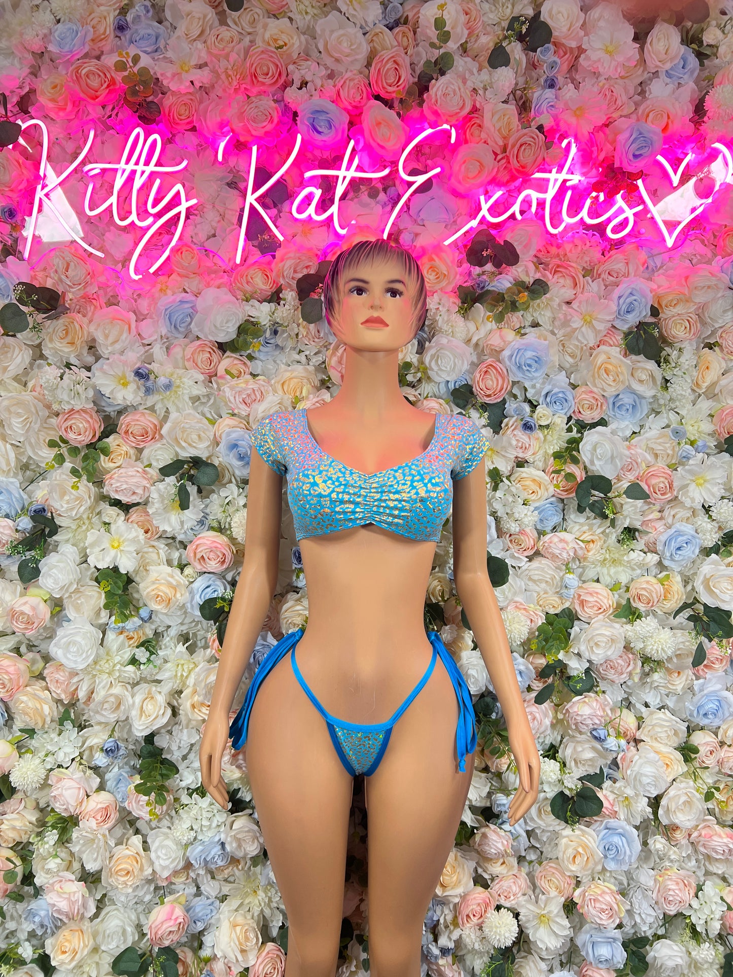 Rave wear Aqua Cheetah Two Piece Outfit, Bartender Uniform, Rave Festival Wear, Exotic Dancewear, Clubwear Costume, Waitress Set