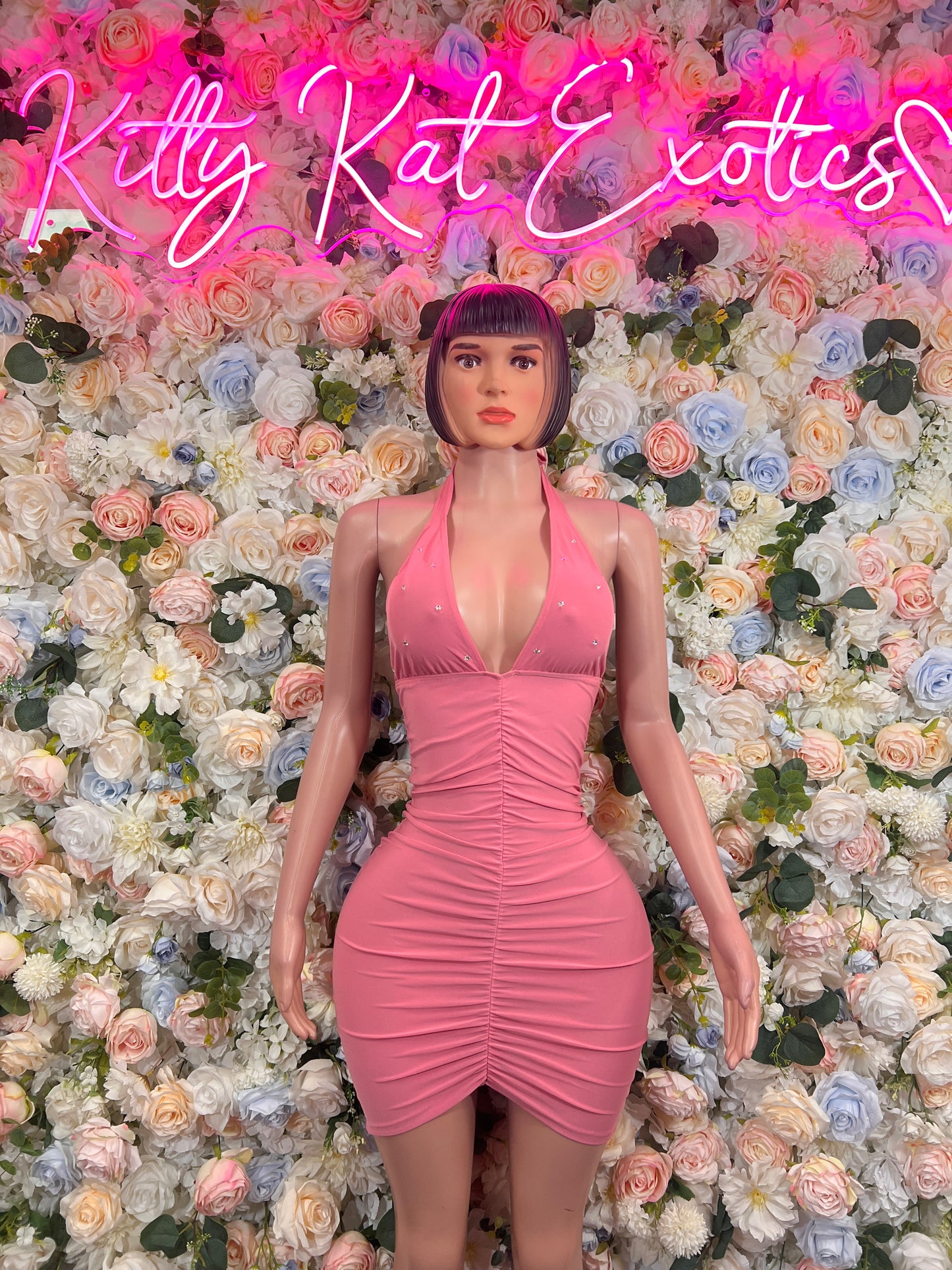 Pink Ruched Halter Mini Dress Deep V Rhinestone Bodycon Clubwear Exotic Dance Dress
