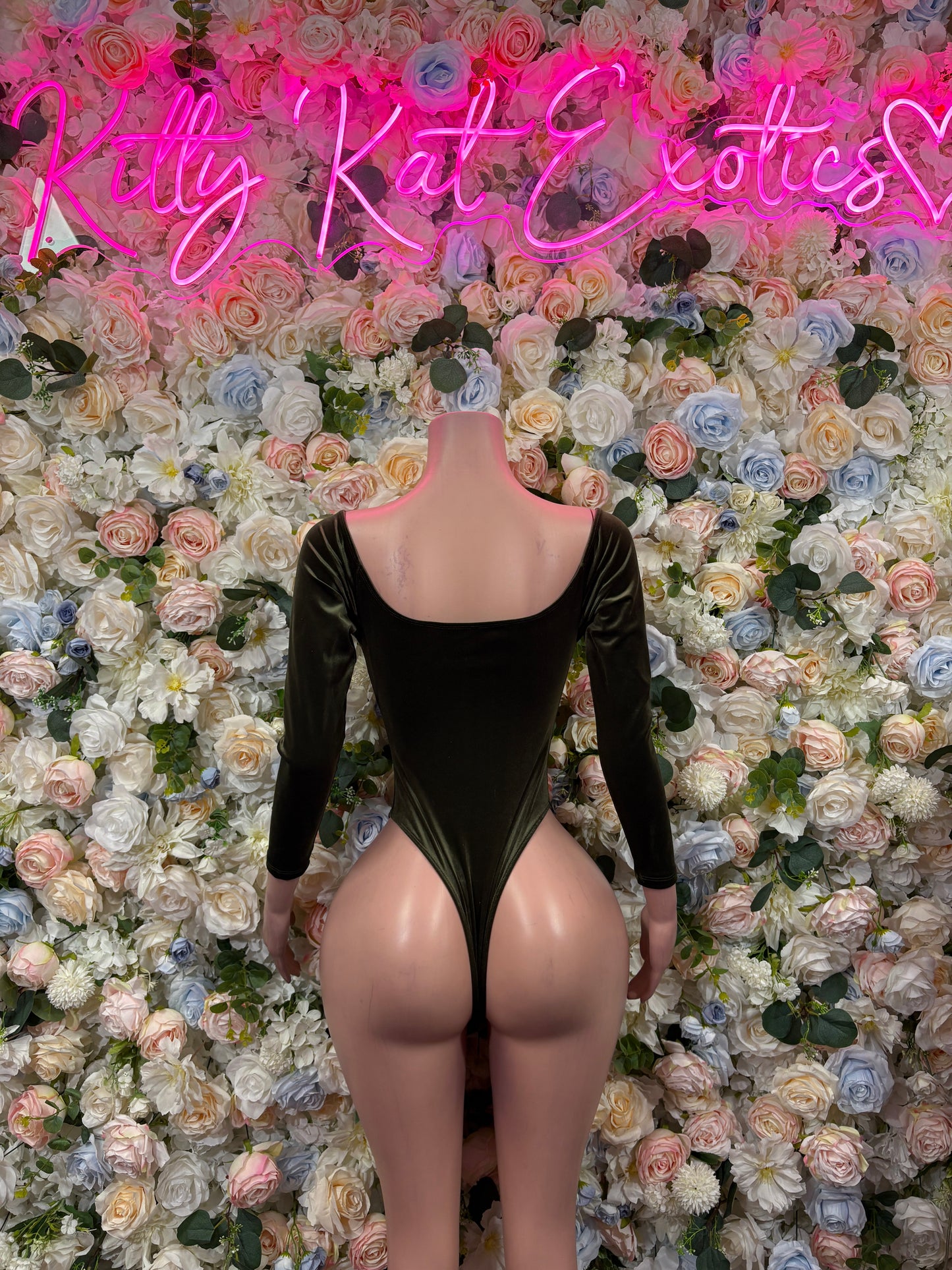 Bottlegirl Forest Green Velvet Bodysuit One Piece Rave Festival Outfit, Exotic Dancewear Bartender Outfit