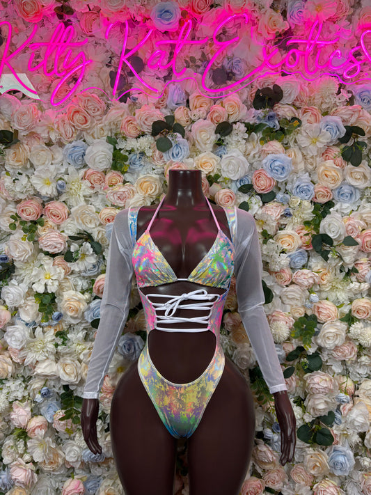 Rainbow hologram bodysuit with long sleeves, lace-up chest cutout, high-leg