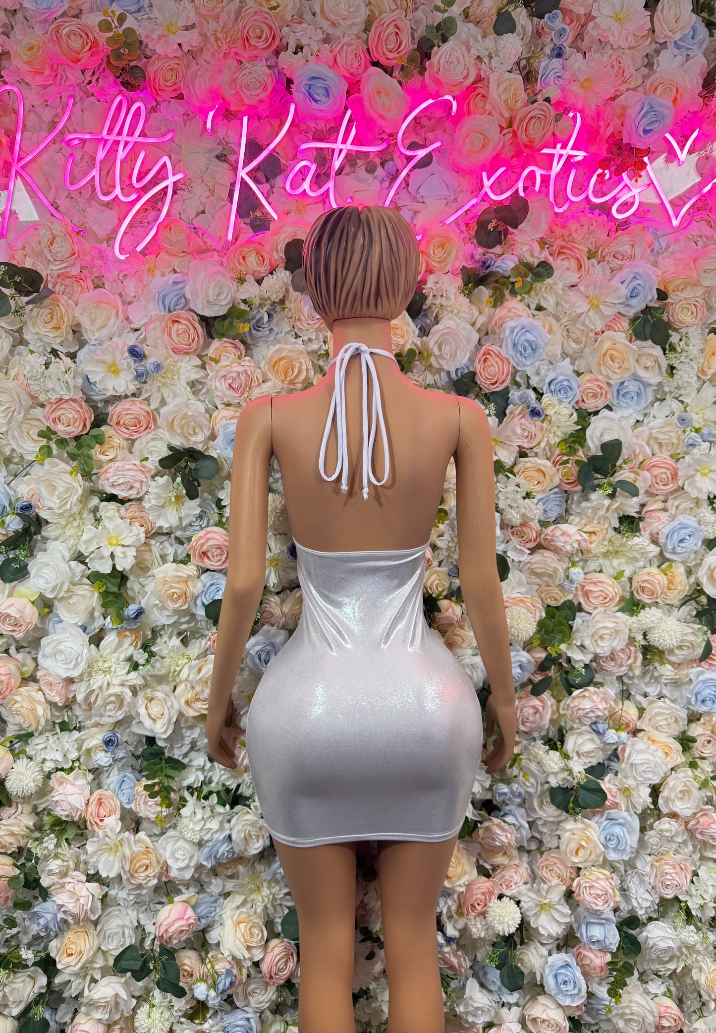 Silver metallic backless halter mini dress with ribbon tie