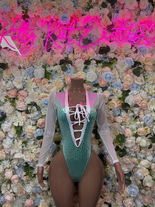 Teal cheetah-print bodysuit with lace-up V front and long sheer sleeves
