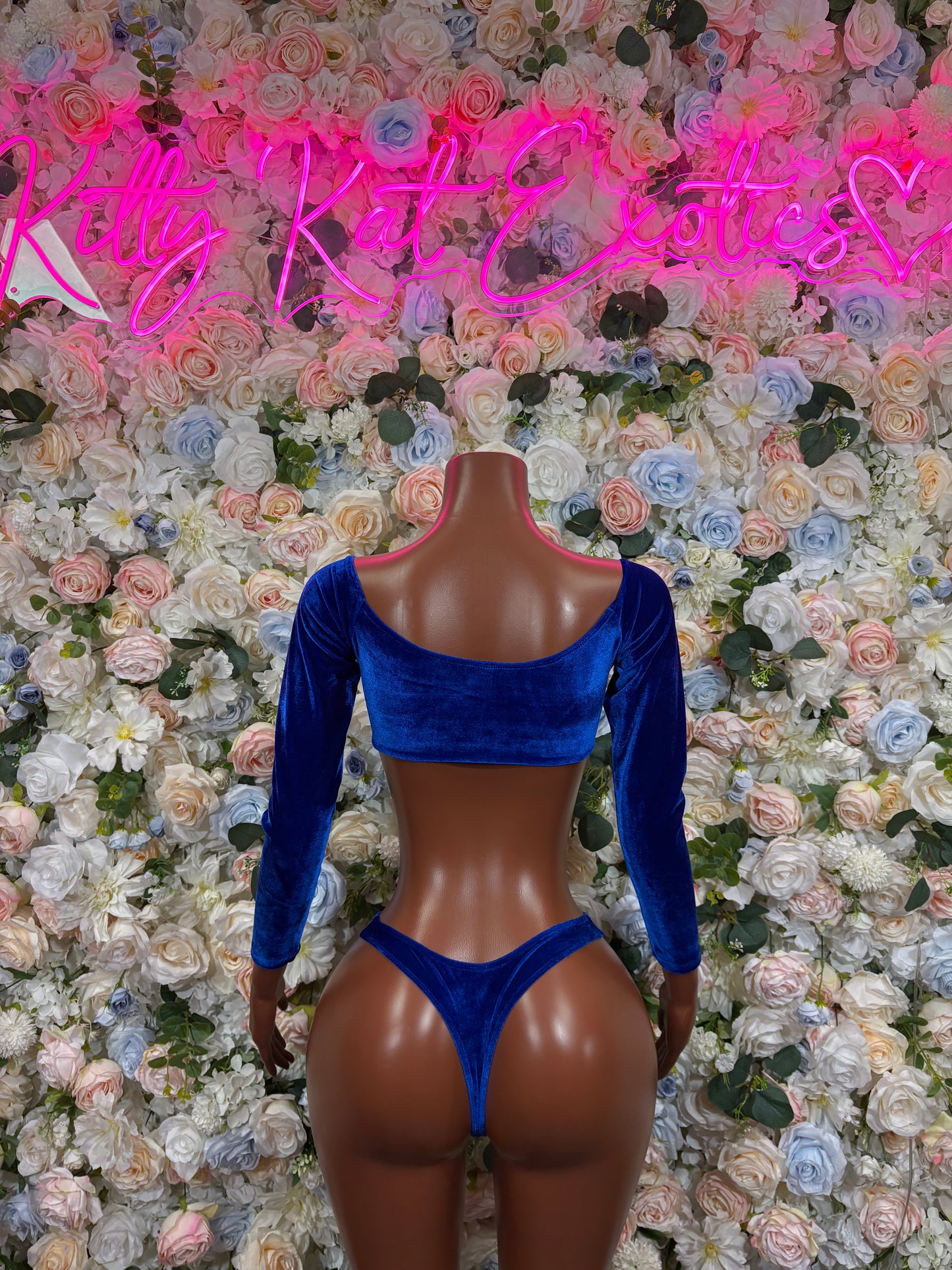 Royal Blue Velvet Two Piece Long Sleeve Bikini Set Exotic Dancewear Rave Festival Outfit