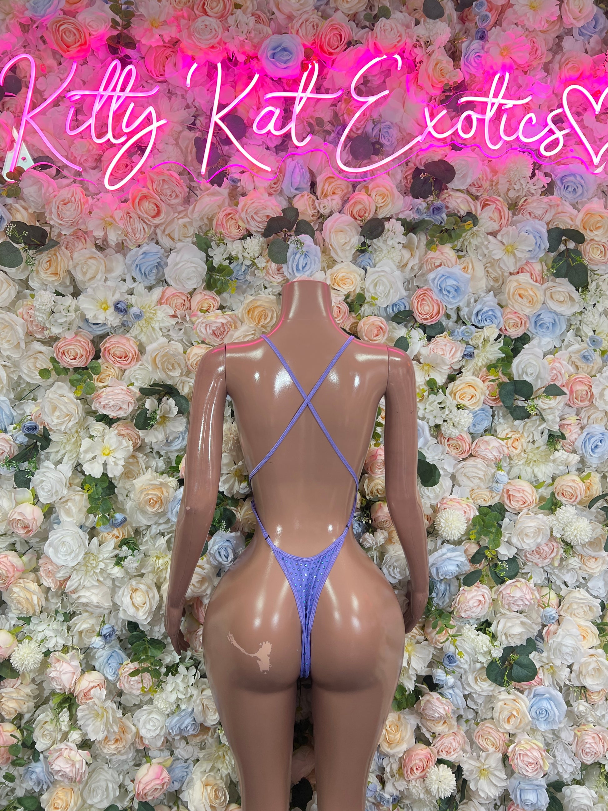 Lilac rhinestone bodysuit back with crisscross straps and low-cut thong