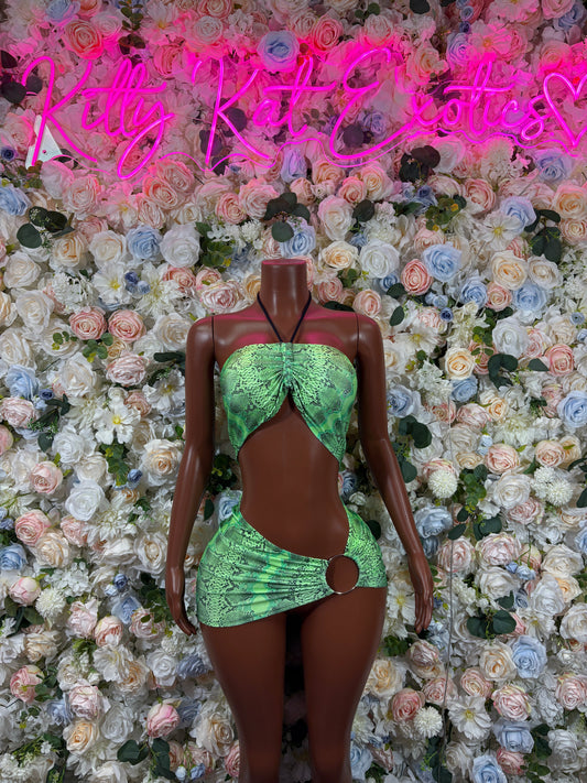 Green snake-print cutout mini dress with draped bodice and halter neckline