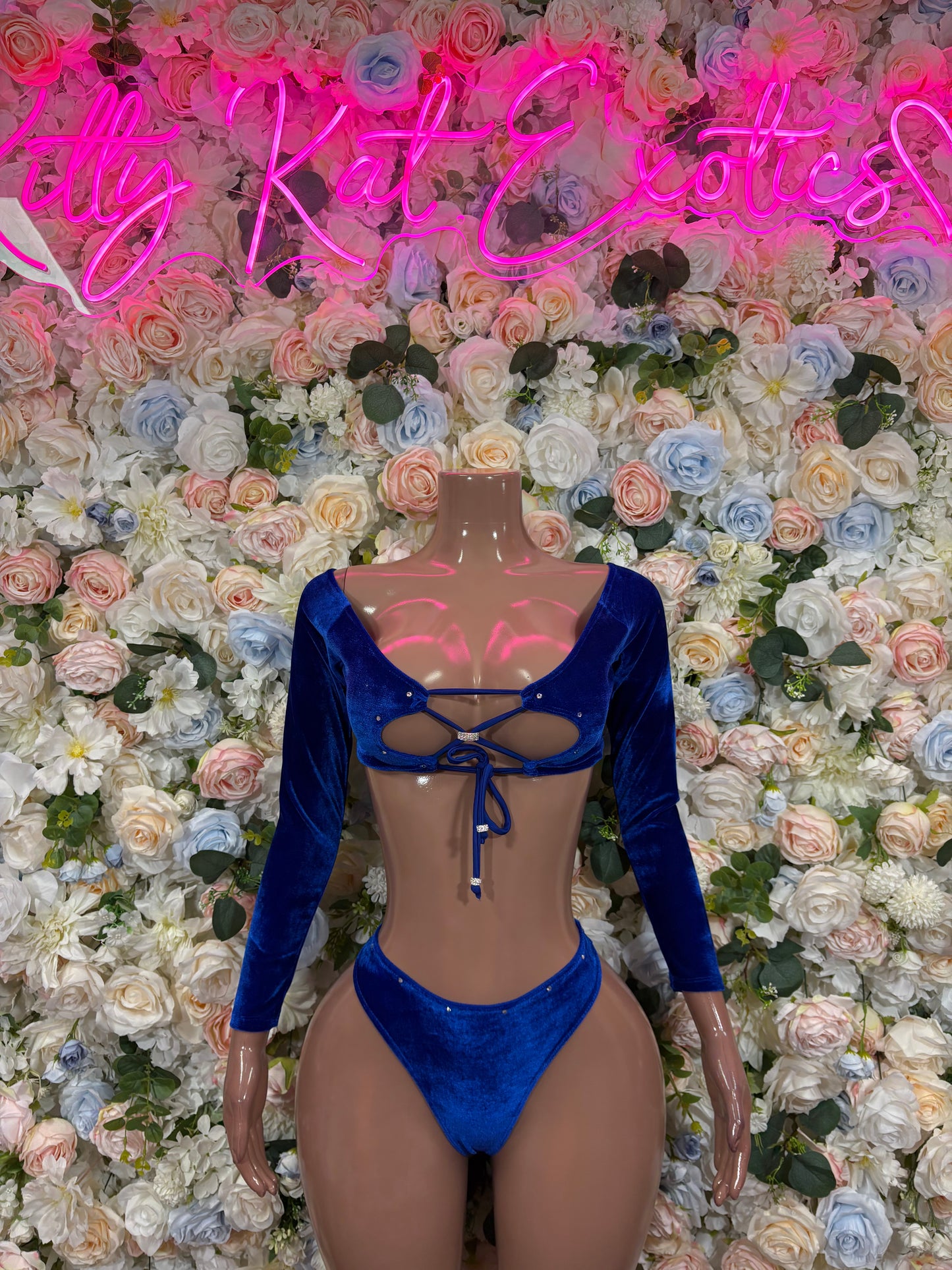Royal Blue Velvet Two Piece Long Sleeve Bikini Set Exotic Dancewear Rave Festival Outfit