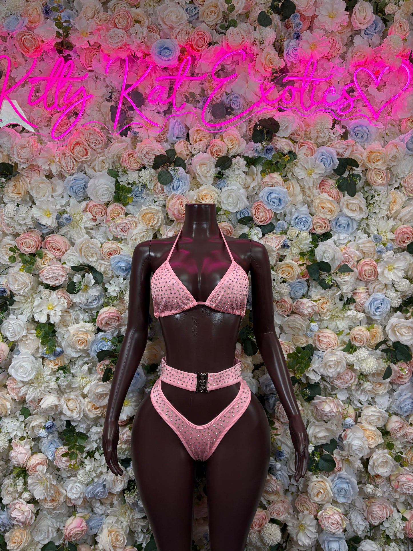 Pink rhinestone two-piece bikini set: triangle top and high-waist bottoms