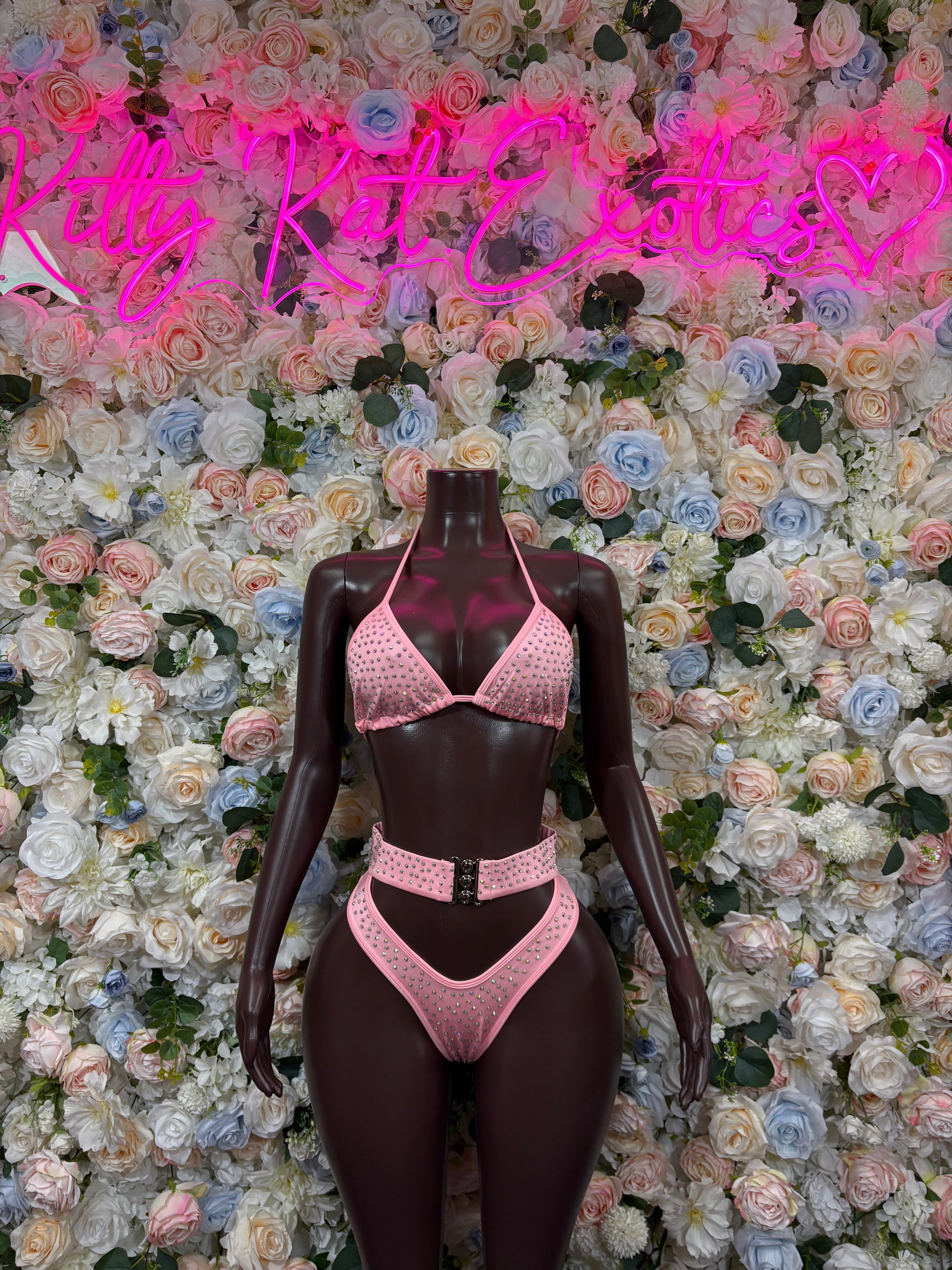 Pink rhinestone two-piece bikini set: triangle top and high-waist bottoms