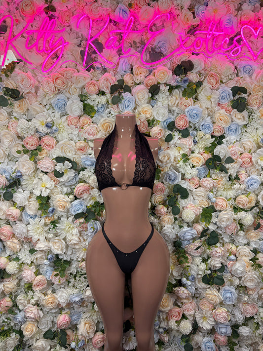 Black lace bralette and matching thong with lace panels and sheer mesh