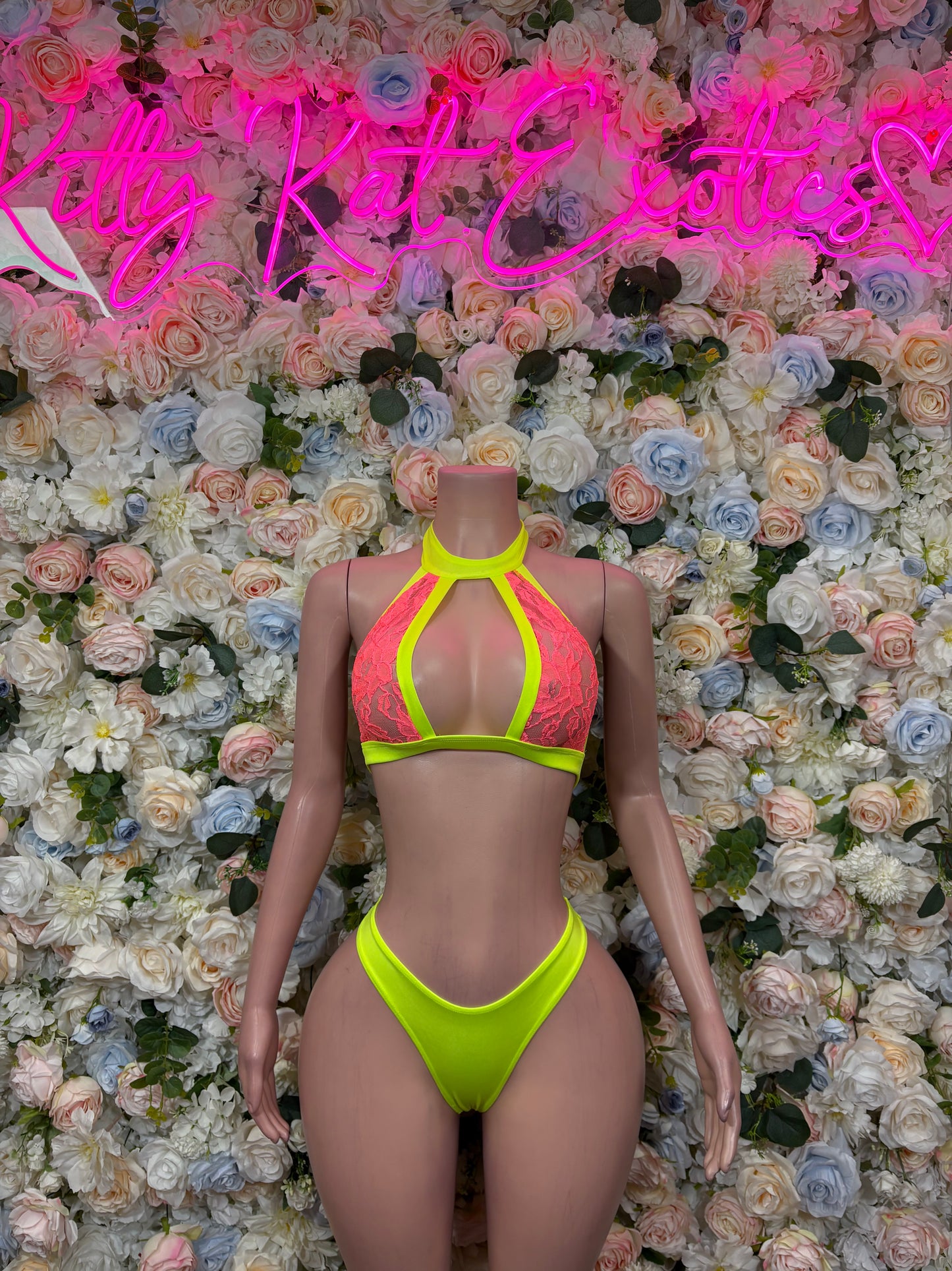 Neon green halter bikini set with triangle top and high-cut bottoms