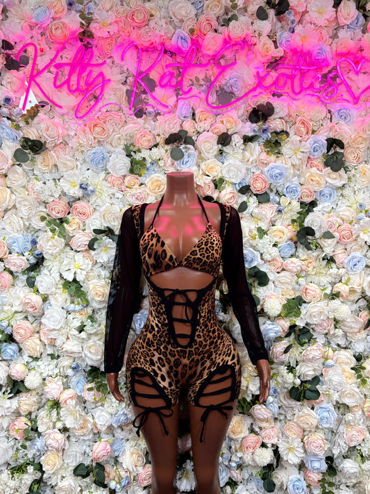 Leopard Print Bottlegirl Bodysuit  - One Piece Bartender Outfit, EDM Dancewear, Party Clubwear
