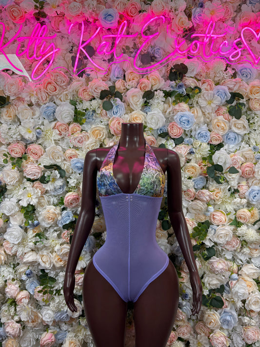 Purple halter bodysuit, sleeveless, high-cut leg, front smooth panel