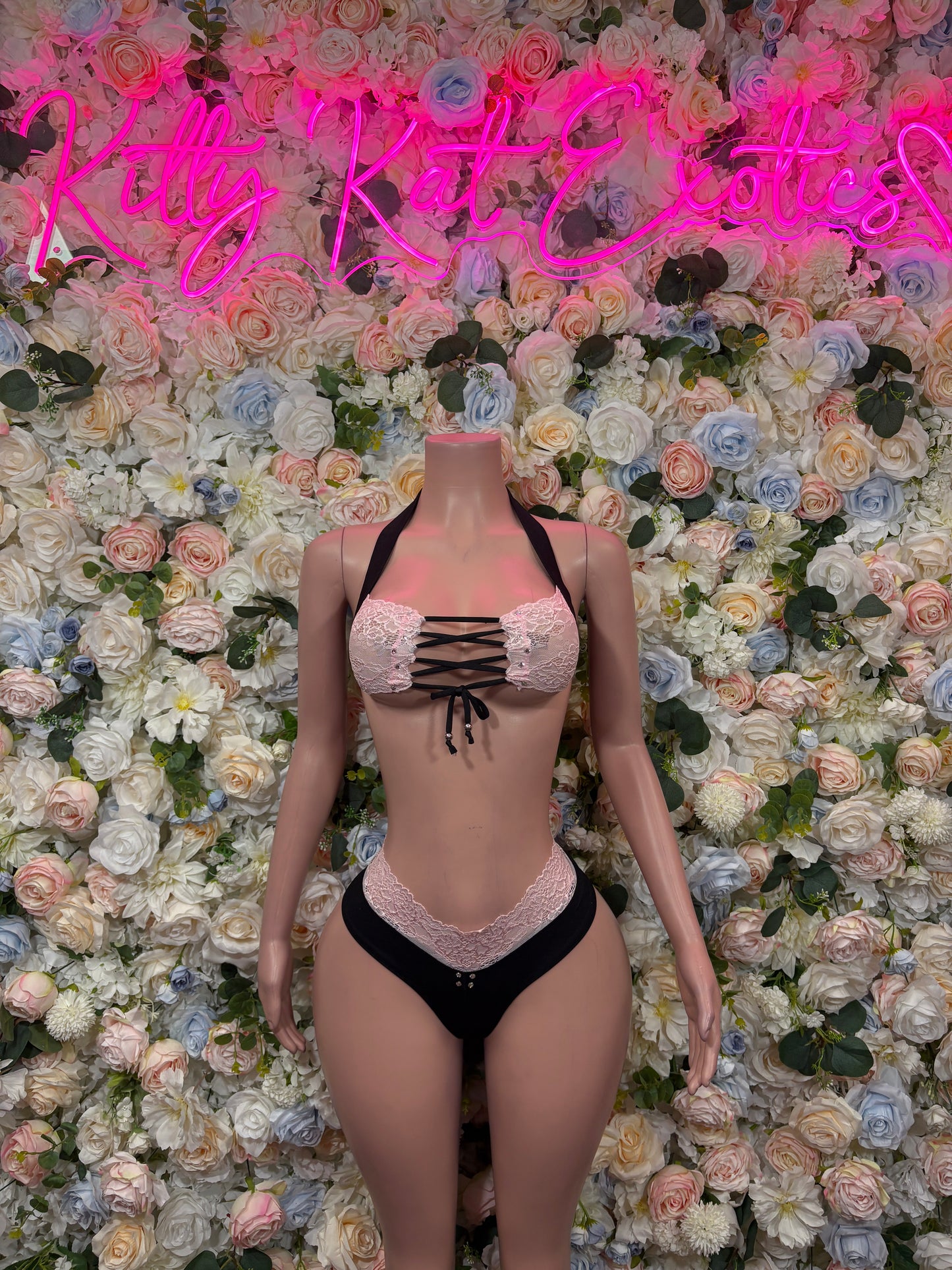 Exotic Dancewear Pink Lace Black Two-Piece Bikini – Summer Festival & Rave Wear