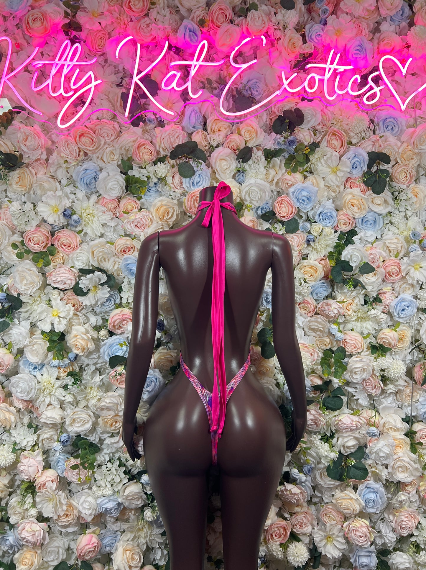 Metallic holographic halter bodysuit, high-cut thong back with magenta-pink iridescent panels