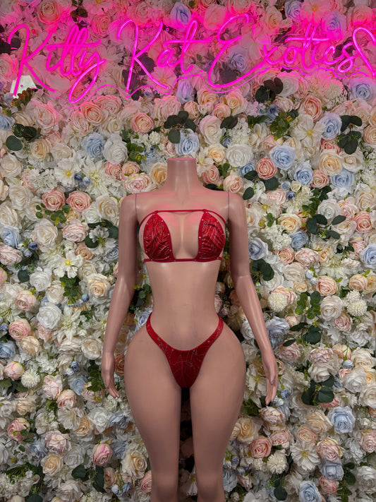 Red sequin two-piece bikini with halter-style top and string bikini bottoms
