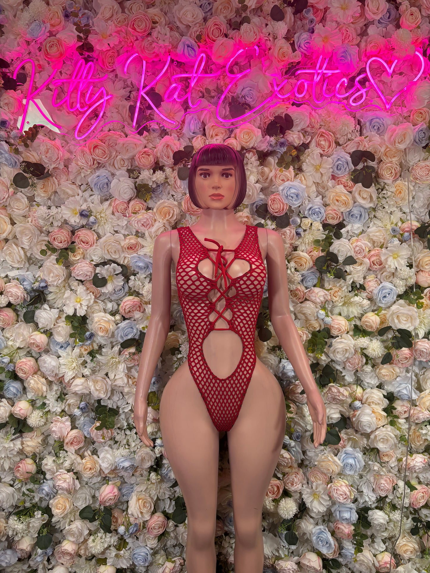 Bottlegirl Red Fishnet Bodysuit - Bottle Service Outfit, Rave Festival Clubwear One Piece Dancewear