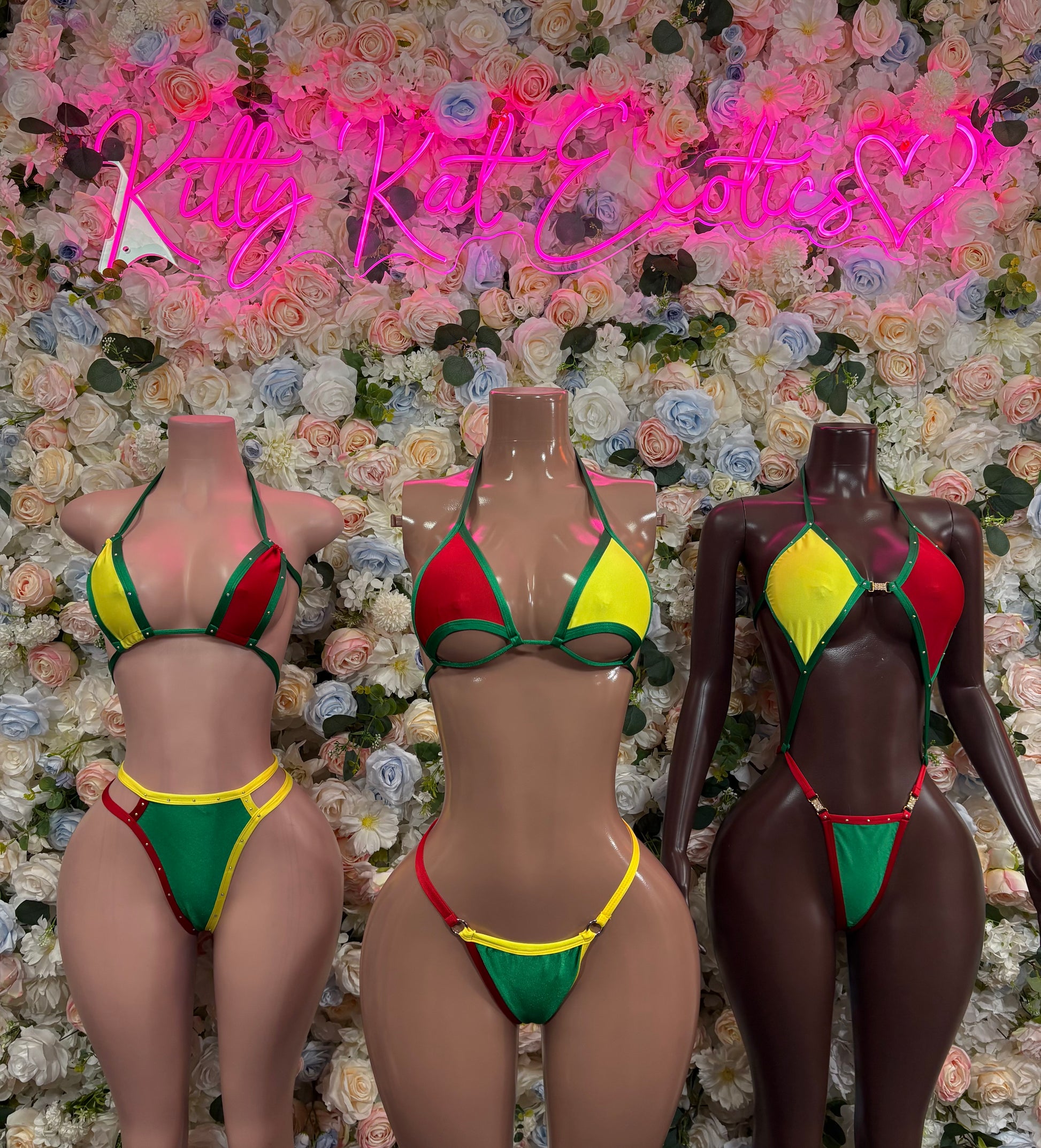 Color-block bikini with green, red, and yellow triangle cups and matching bottoms