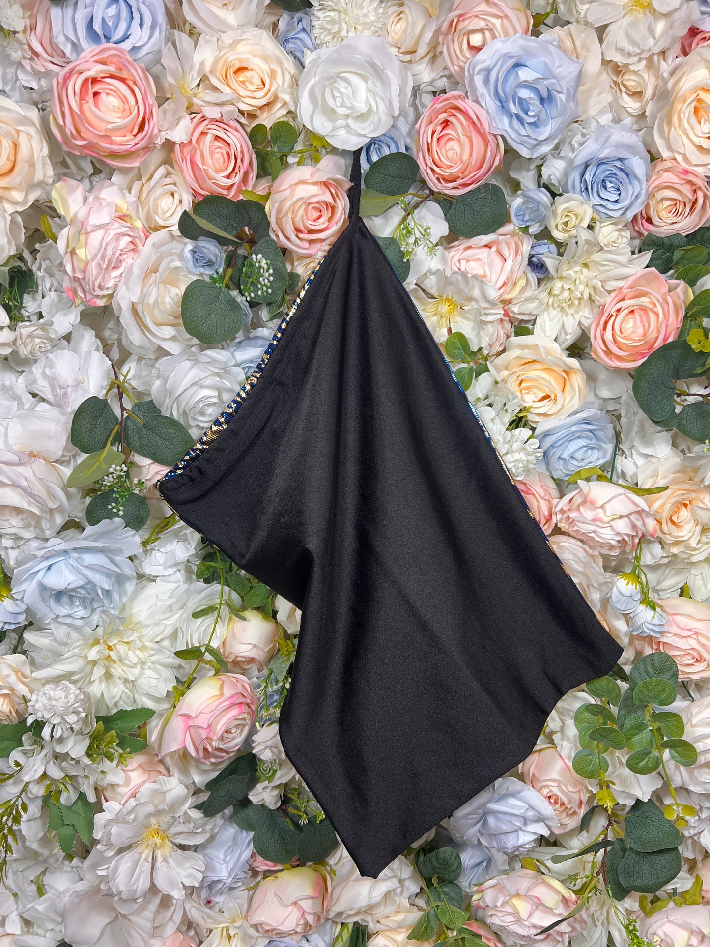 Black draped money bag pouch with beaded edging