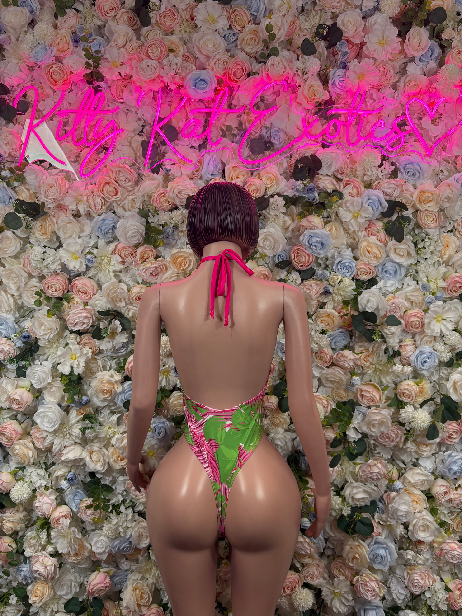 Pink and green tropical leaf bodysuit, open back with tie strings and thong cut