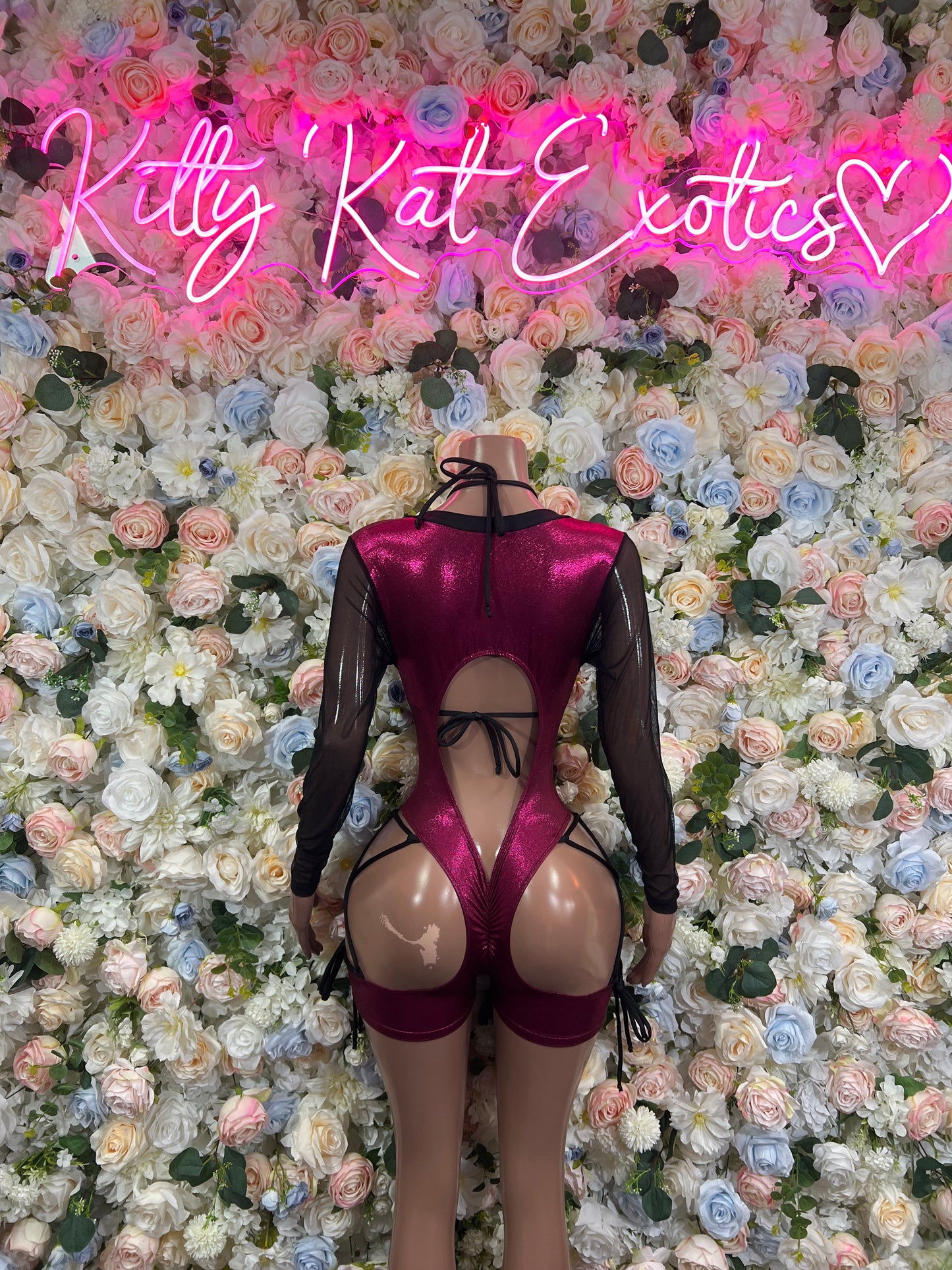 Burgundy lace-up mesh long-sleeve bodysuit, open back with vertical straps