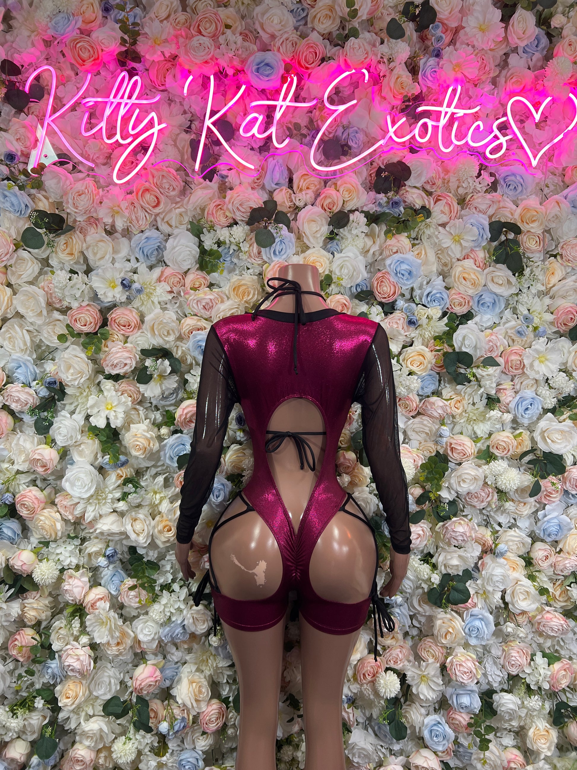 Burgundy lace-up mesh long-sleeve bodysuit, open back with vertical straps