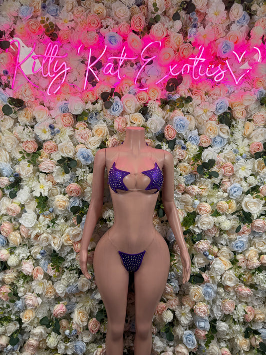 Exotic dancewear Purple rhinestone bikini set – two piece stripper outfit, rave wear costume, pole dance lingerie, festival bikini