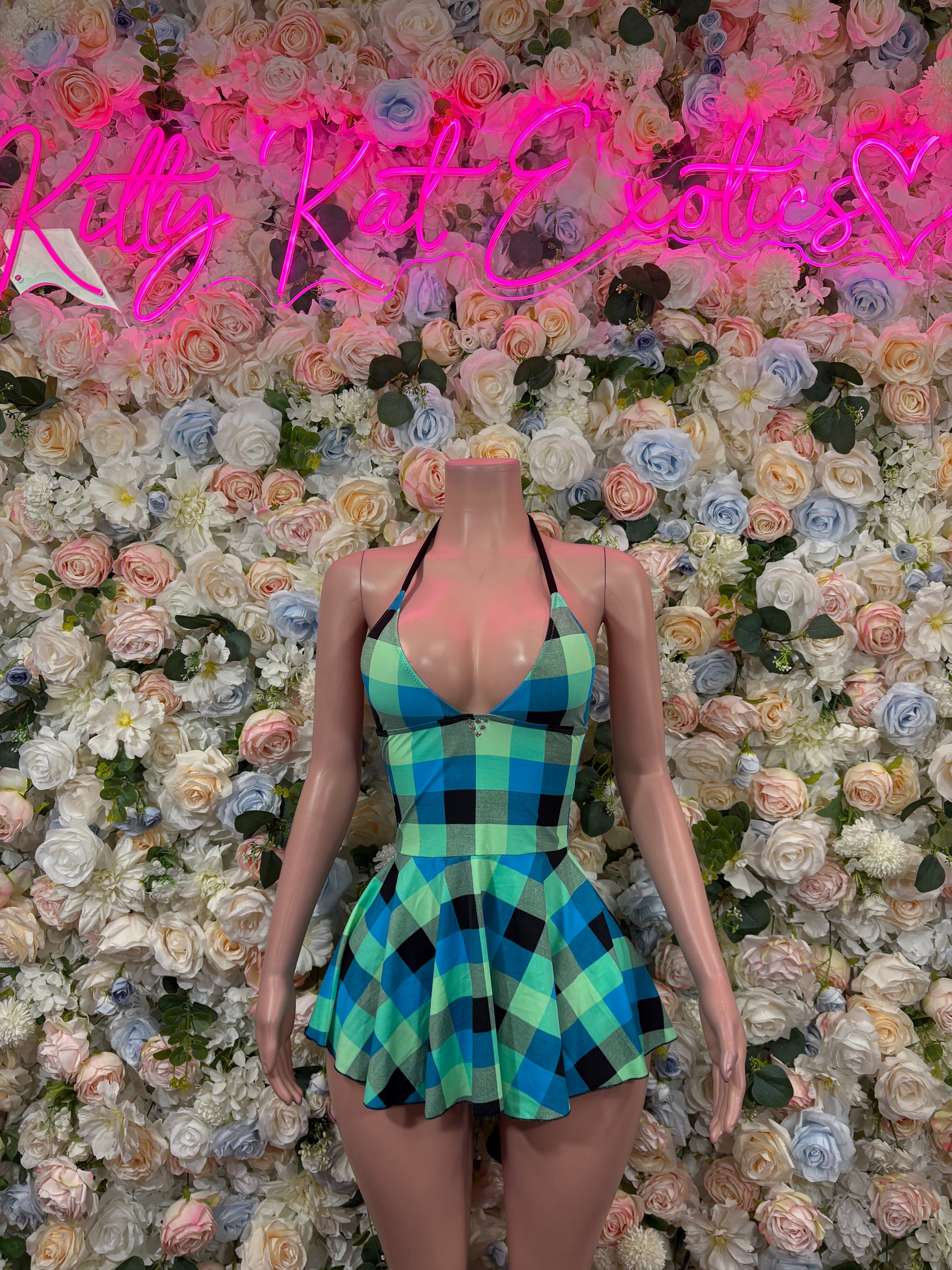 Blue-green plaid halter dress with scalloped skirt and low back