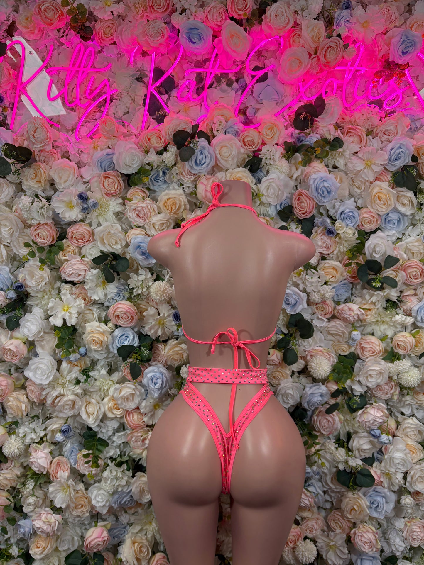 Exotic Dancewear Coral Rhinestone Two Piece set – Rave outfit, rave wear costume, pole dance lingerie, festival bikini