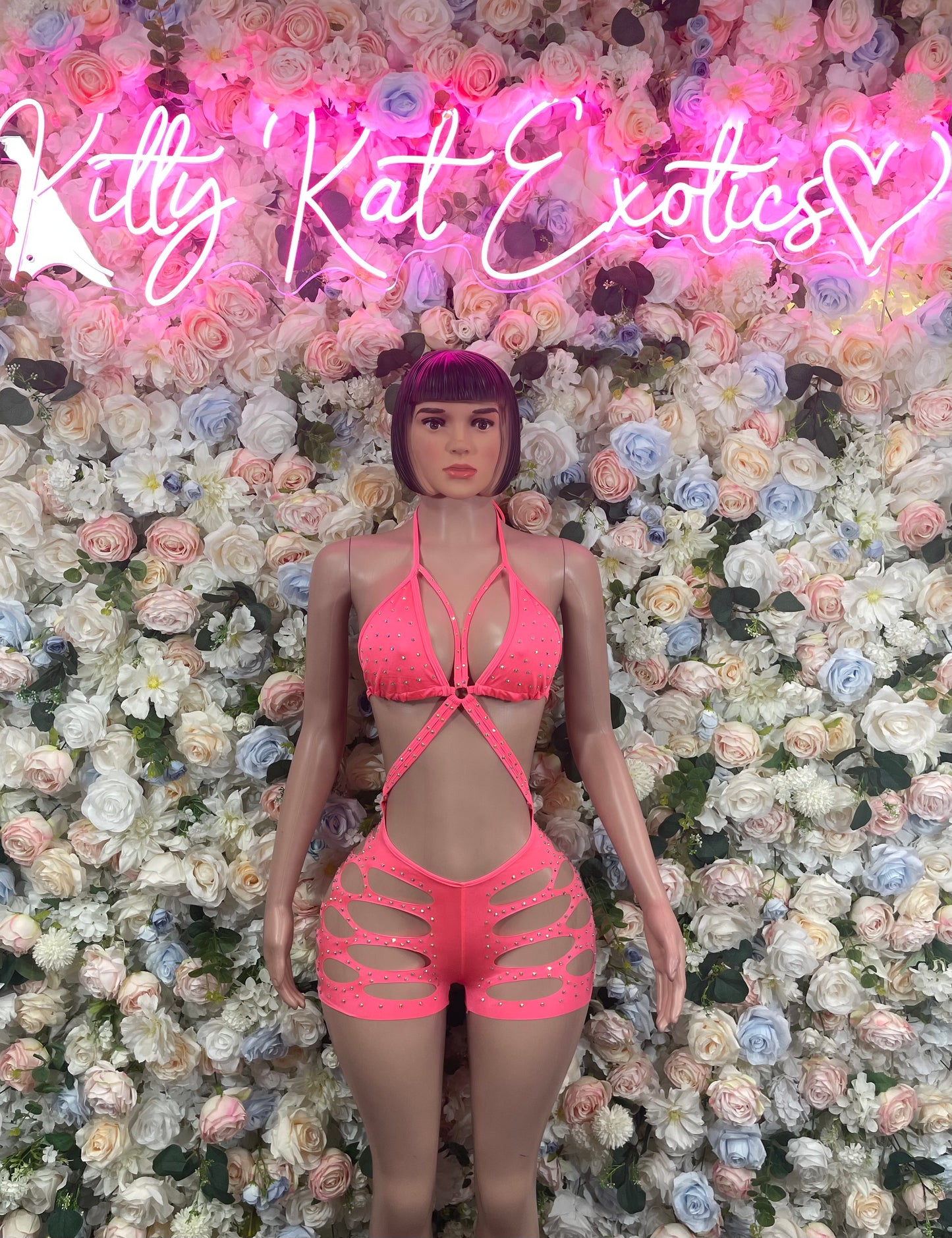 Coral Rhinestone Bodysuit Outfit One-Piece Exotic Dancewear Rave Outfit